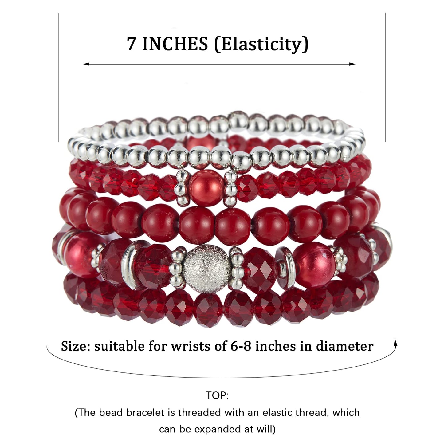 Noessla Beaded Pearl Stretch Bracelet Silver Stackable Crystal Beads Bracelets Trendy Costume Jewelry Mothers Day Gifts for Women(Red)