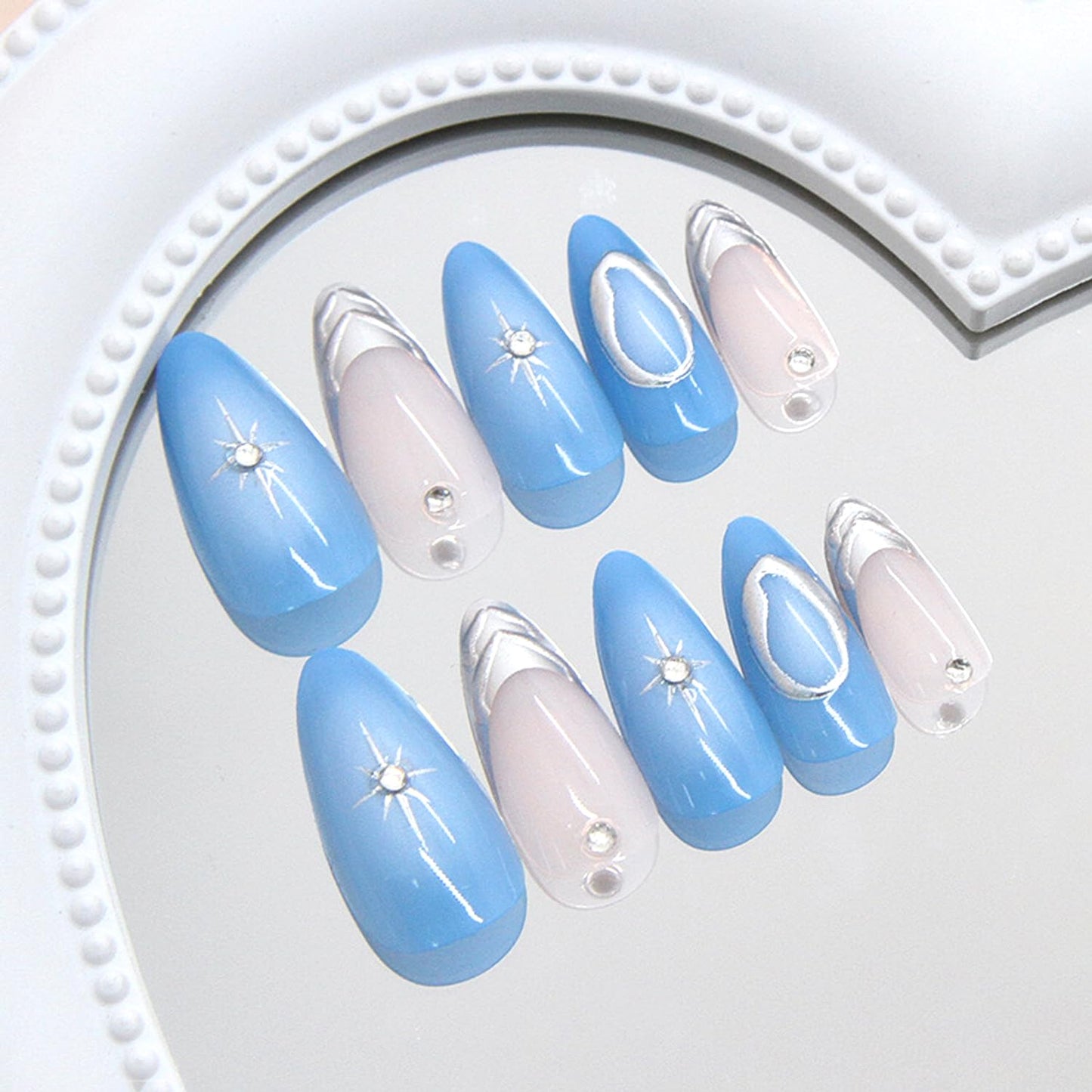 24Pcs Blue Press on Nails Medium Almond Fake Nail Tips with Rhinestones Sparkling Star Gothic Style Y2k Blue French Silver Star Stick on Nails Acrylic Nails Almond Shape False Nails for Women