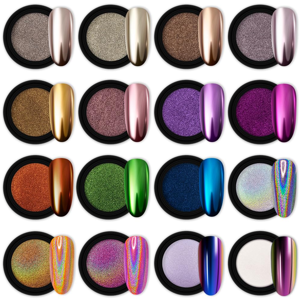 Artdone 16 Jars Chrome Nail Powder Nail Art Fimo Striping Tape Lines Decoration Metallic Mirror Effect Holographic Aurora Chameleon Pigment Powder 1g/Jar Pearl for Resin Craft & Nail Art