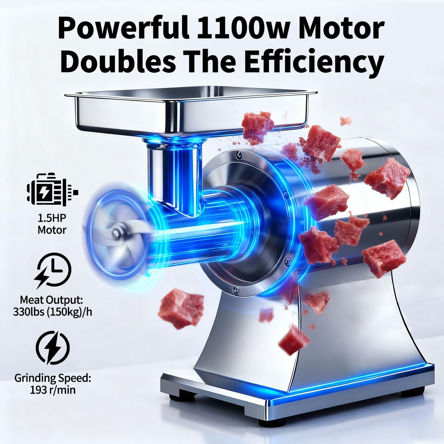 Heavy Duty Commercial Meat Grinder Machine 1.5 HP, 1100W, 330LB/h Stainless Steel Electric Meat Mincer with 2 Blades & Meat Pusher Ideal for Home Kitchen, Hotel, Restaurant
