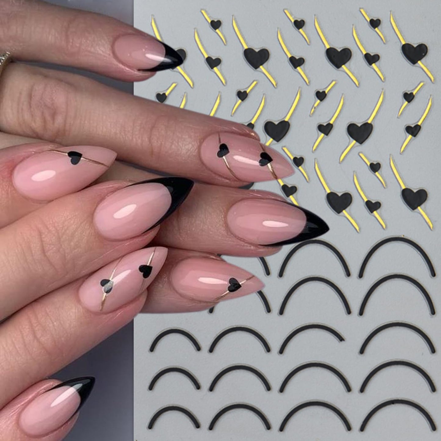 Heart Nail Art Stickers - Valentine's Day Nail Stickers White Black Heart Nail Decals 3D Valentine's Nail Supplies Love Gold-Stamped Lines French Adhesive Decal for Women Girl Nail Decoration 2Sheets
