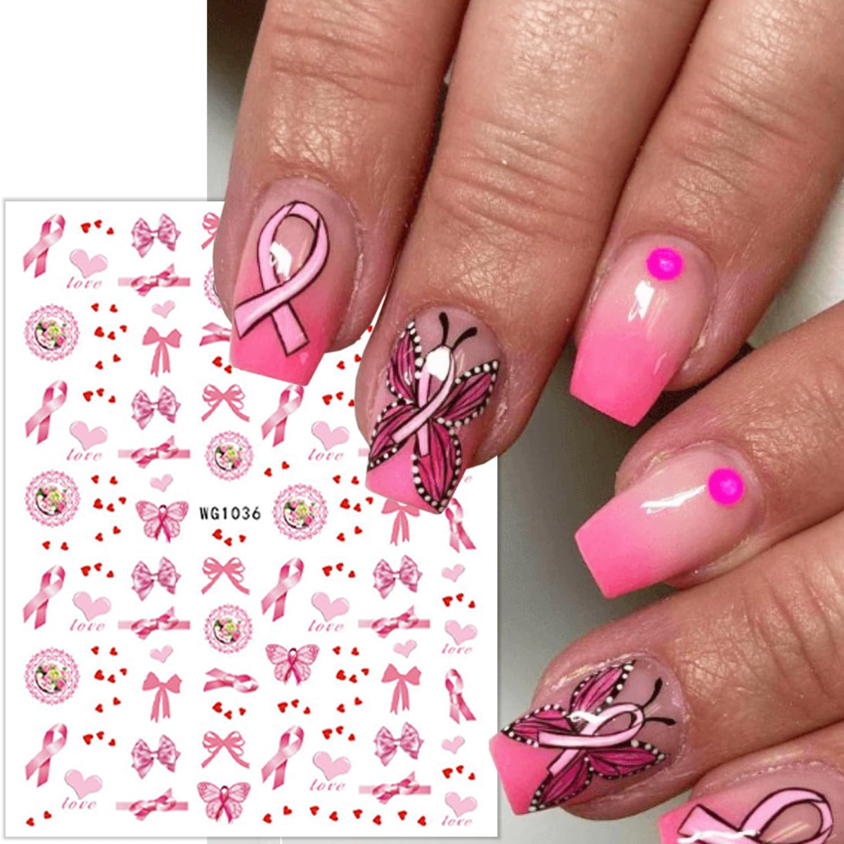 8 Sheets Pink Breast Cancer Awareness Nail Stickers for Nail Art Pink Ribbon Nail Decals 3D Self-Adhesive Breast Cancer Nail Art Stickers Heart Hope Letter Nail Design Decals for Women