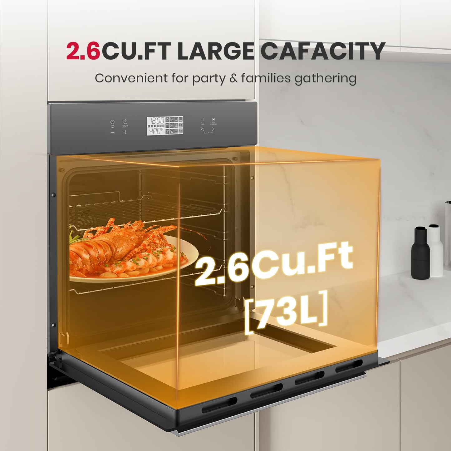 24 Inch Electric Wall Oven, ETL Certified, GASLAND 2.6 Cu.ft Built-in Single Wall Oven, 12 Cooking Functions, 3D Heating, Convection Oven with Rotisserie, Touch Control, Safety Lock, Black