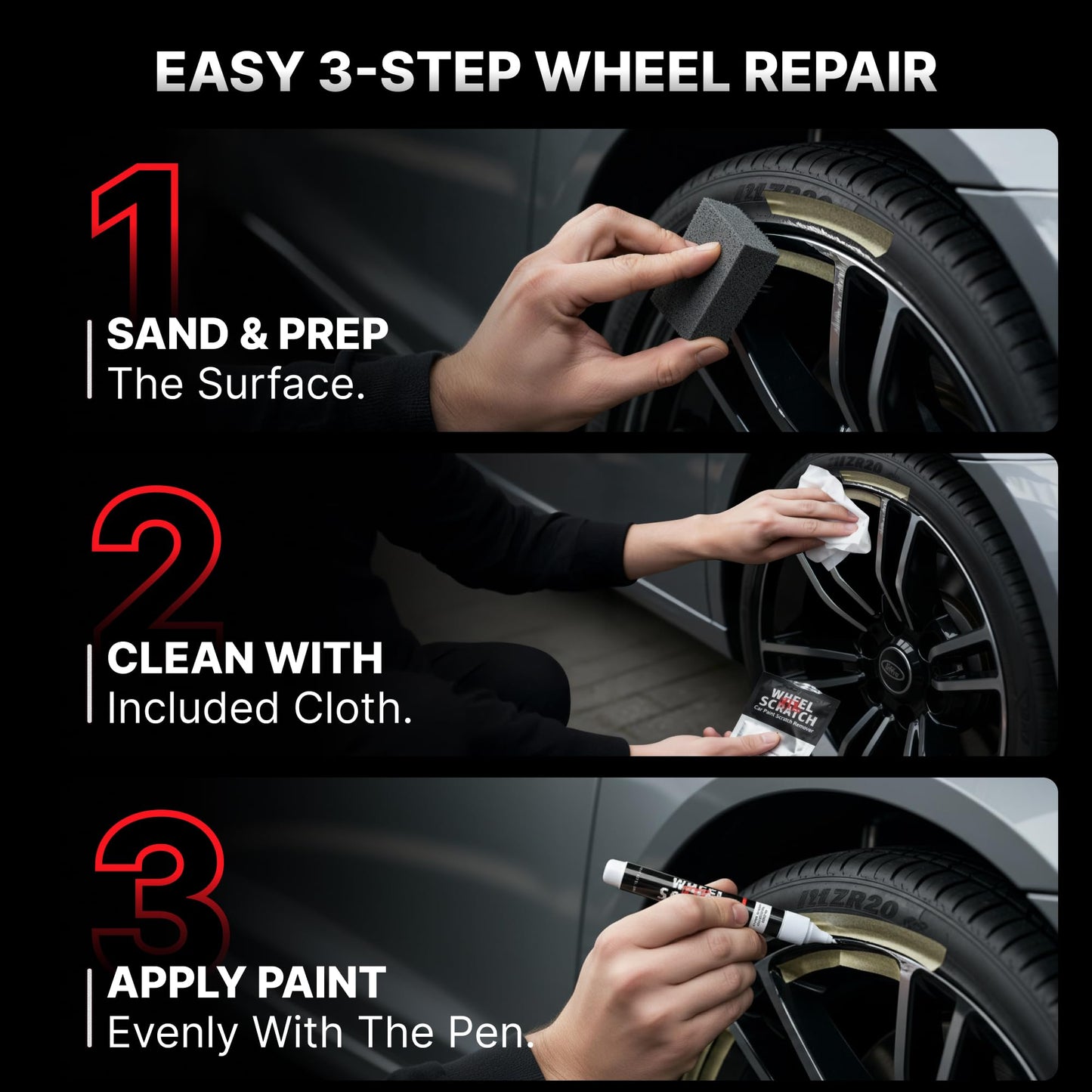 Wheel Scratch Fix® Gloss Black Touch Up Paint for Cars - DIY Alloy Wheel Repair Kit, Curb Rash Remover with Fast-Drying Pen - Long-Lasting OEM Finish Car Rim Paint for Scuffs and Chips at Home (Gloss Black)