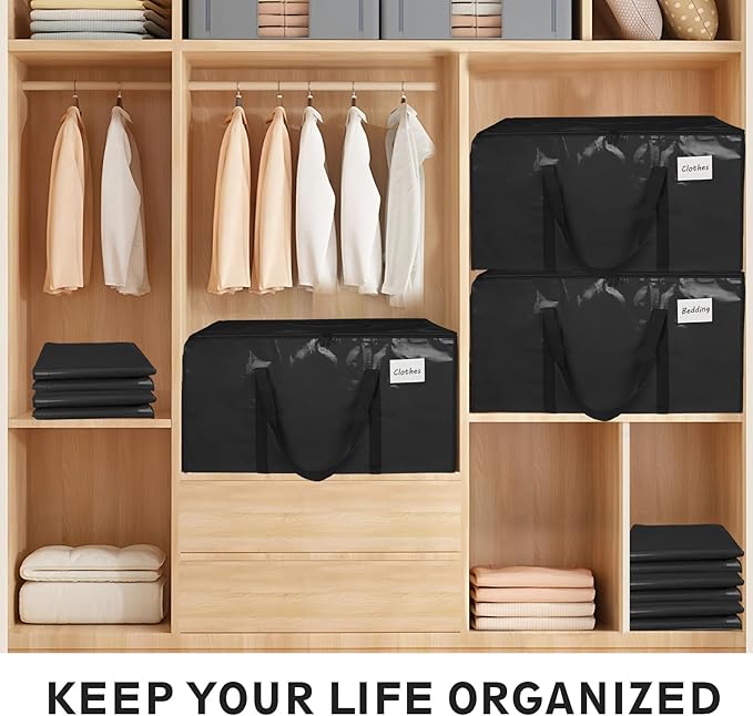 4 Pack-Extra Large Heavy Duty Moving Bags - Waterproof Storage Totes with Handles & Zippers, Foldable for College Dorm, Storage (Black)
