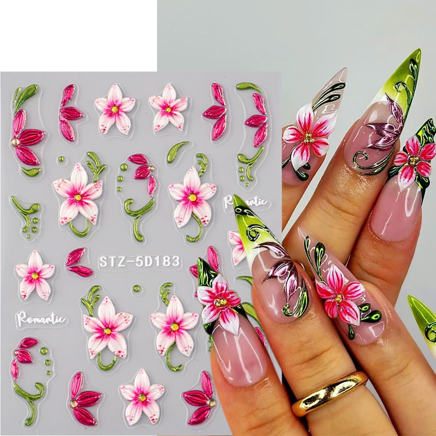 CJDLTS 2 Sheets 5D Flower Nail Art Stickers 5D Relief Self -Adhesive Green Vines with Gradient Flowers Nail Decals Holographic Ripple French Nails Stickers for Women Acrylic Nails Decoration Supplies