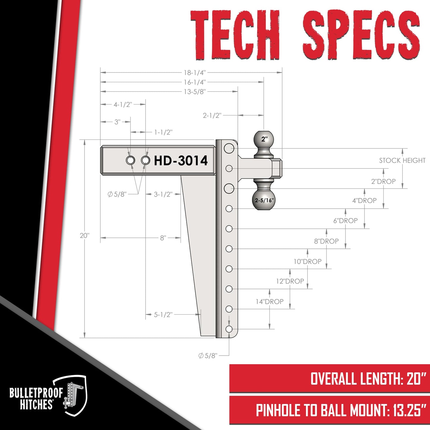 BulletProof Hitches - 3.0" Adjustable Heavy Duty Trailer Hitch (22,000 lb. Rating) - 14" Drop/Rise Trailer Hitch with 2" & 2-5/16" Dual Ball - Powder Coat, Solid Steel, Corrosion-Resistant