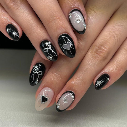 octoswave Press on Nails Short Almond Fake Nails Black Artificial Nail Bow and Pearl Charm Stick on Nail for Women 24pcs