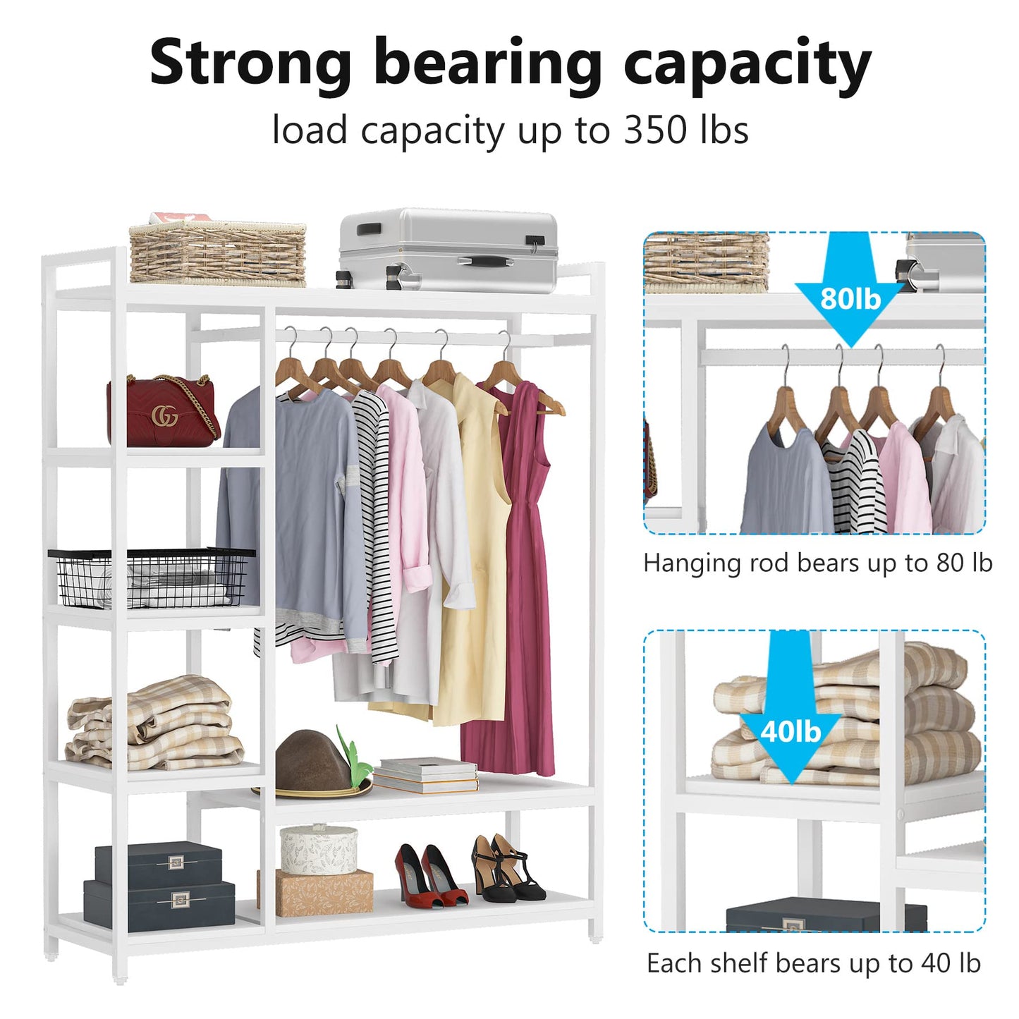 LITTLE TREE Free Standing Wood Closet Clothes Rack,Heavy Duty Grament Rack with Shelves,Hanging Racks for Clothes Clothing Rack for Bedrom,Wardrobe Closet Organizer,350 lb Capacity