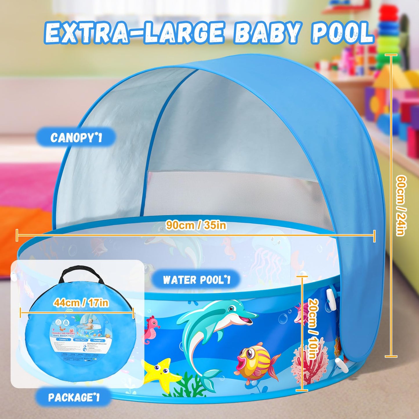 Baby Beach Tent, Pop-Up Above Ground Pool, Foldable Kiddie Pool with Sun Shelter Canopy for Ages 9-48 Months, Toddler Wading Pool, Portable Water Play Sum Toys for Outdoor Activity