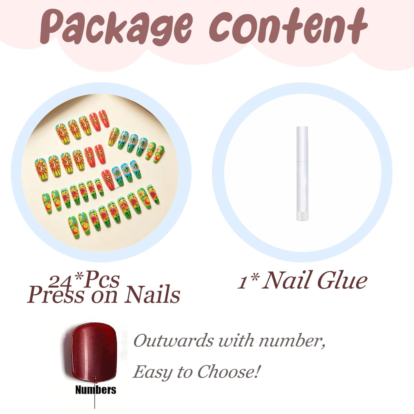 BABALAL Press On Nails, Long Coffin Fake Nails, Neon Rainbow with Sun Moon Star Design, Glossy Festival Hippie Glue On Nails for Women and Girls 24Pcs