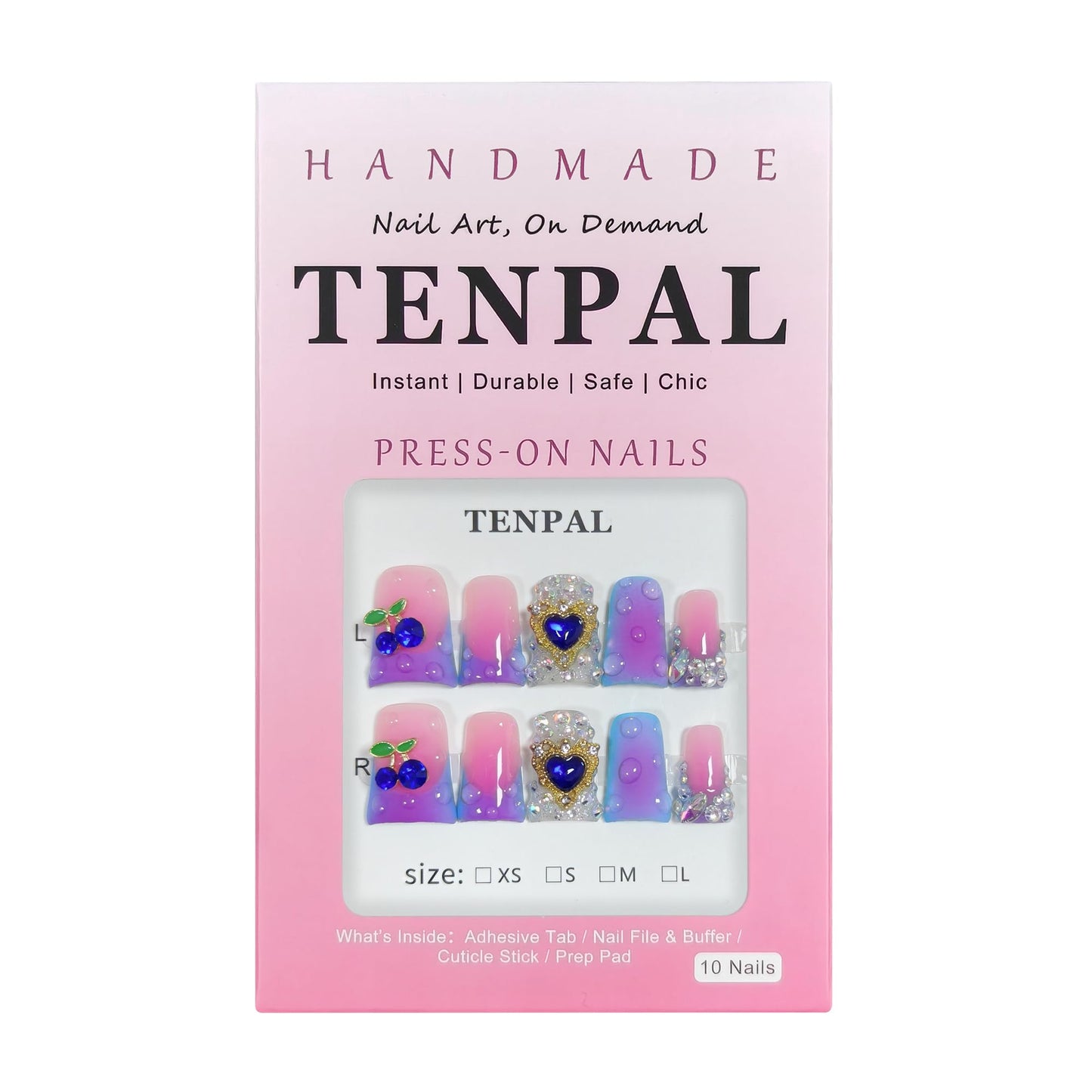 TENPAL Handmade French Tips Press on Duck Nails Kits - Icy Blue Purple Ombre Duckbill Nails with 3D Cherry Design, Acrylic Glossy Y2K False Nails for Women Girls Daily Parties(S)