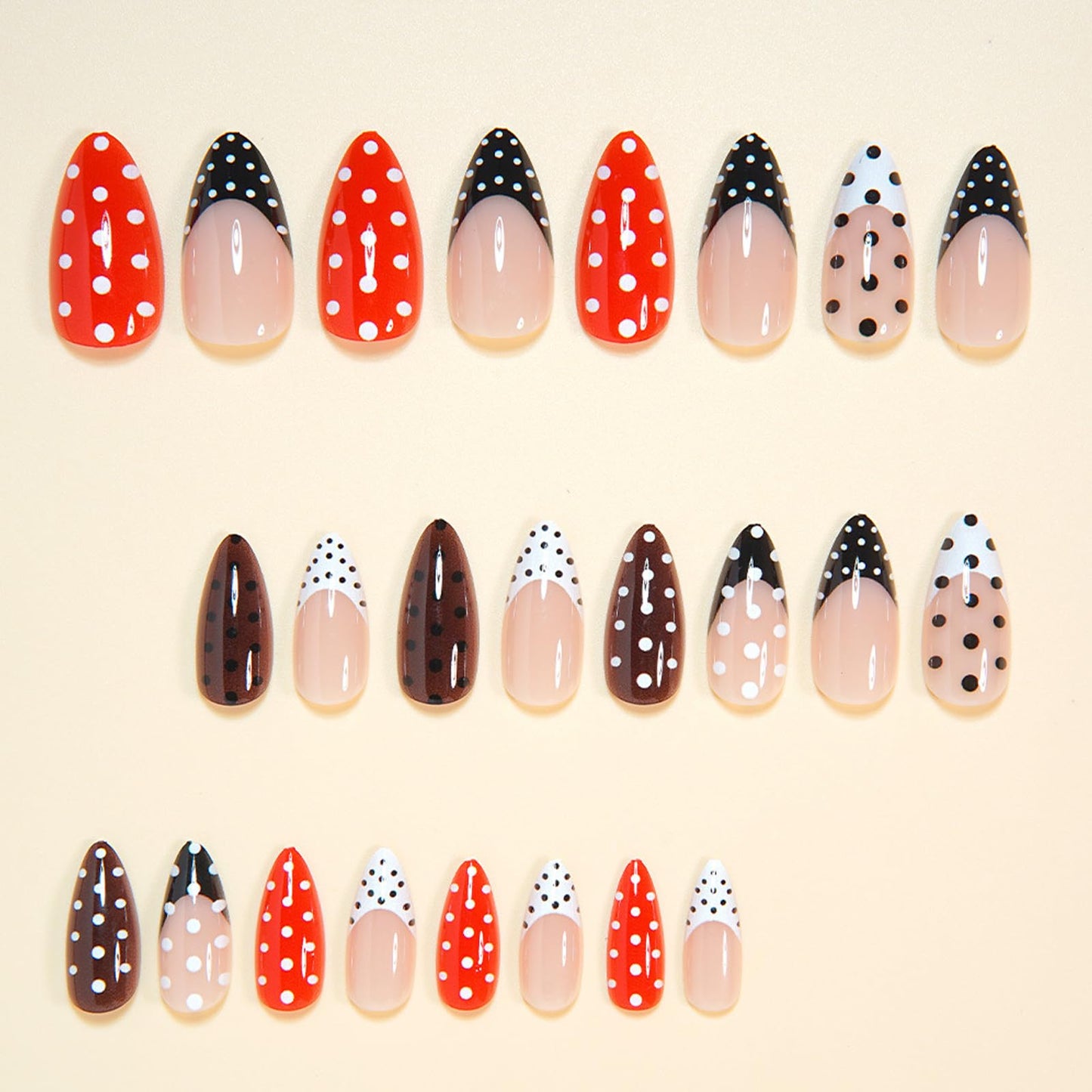 IMSOHOT Polka Dot Press on Nails Almond Medium Fake Nails Red Black French Tip False Nails Full Cover Y2K DIY Artificial Glossy Glue on Nails for Women Girls 24Pcs