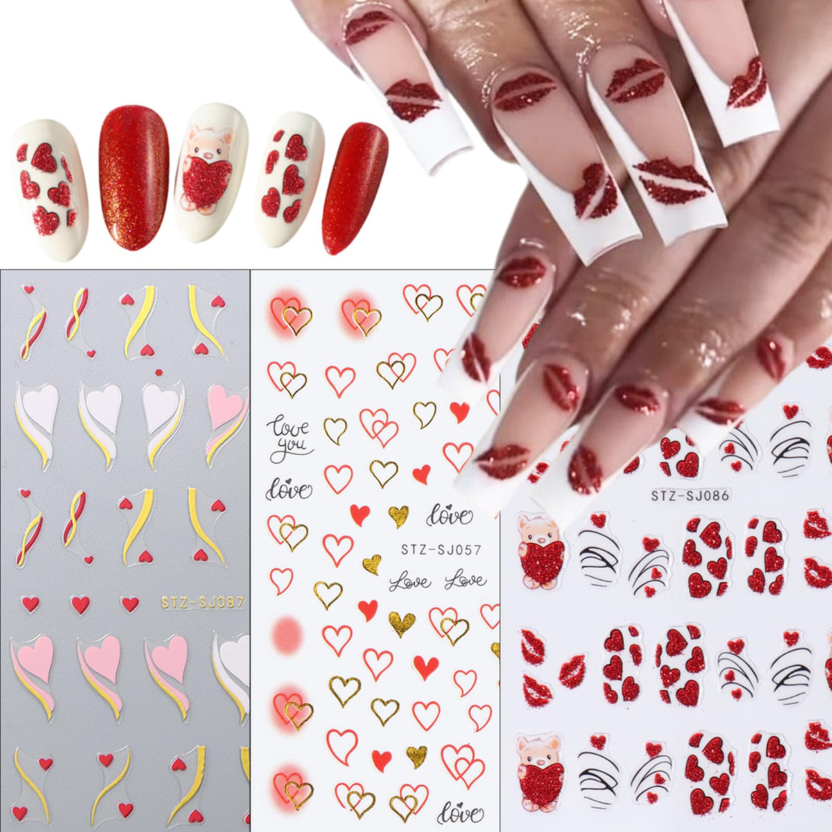 6pcs Valentine's Day Nail Art Stickers 3D Heart Shape Self-Adhesive Cute Bear White Red Pink Love Heart Design Nail Decals Gold Curve Design Nail Decals Suitable for Women Girls Nail Art Decoration