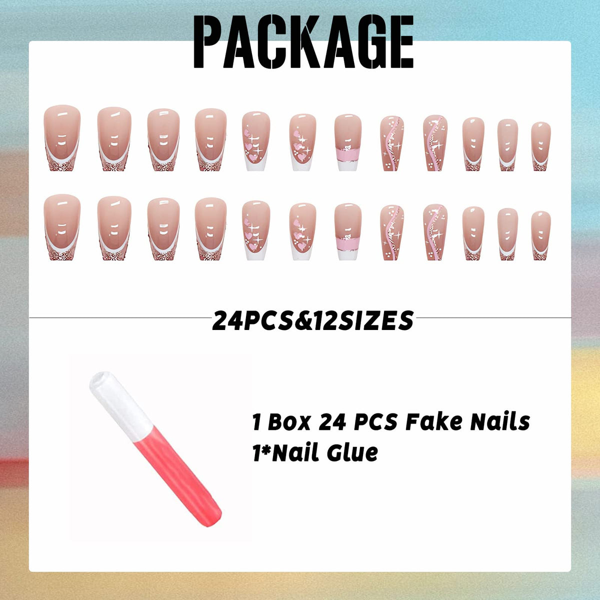 IMSOHOT Press on Nails Long Coffin Fake Nails French Acrylic Glue on Nails Glossy Full Cover Glitter Pink Heart False Nails for Women Girls 24Pcs