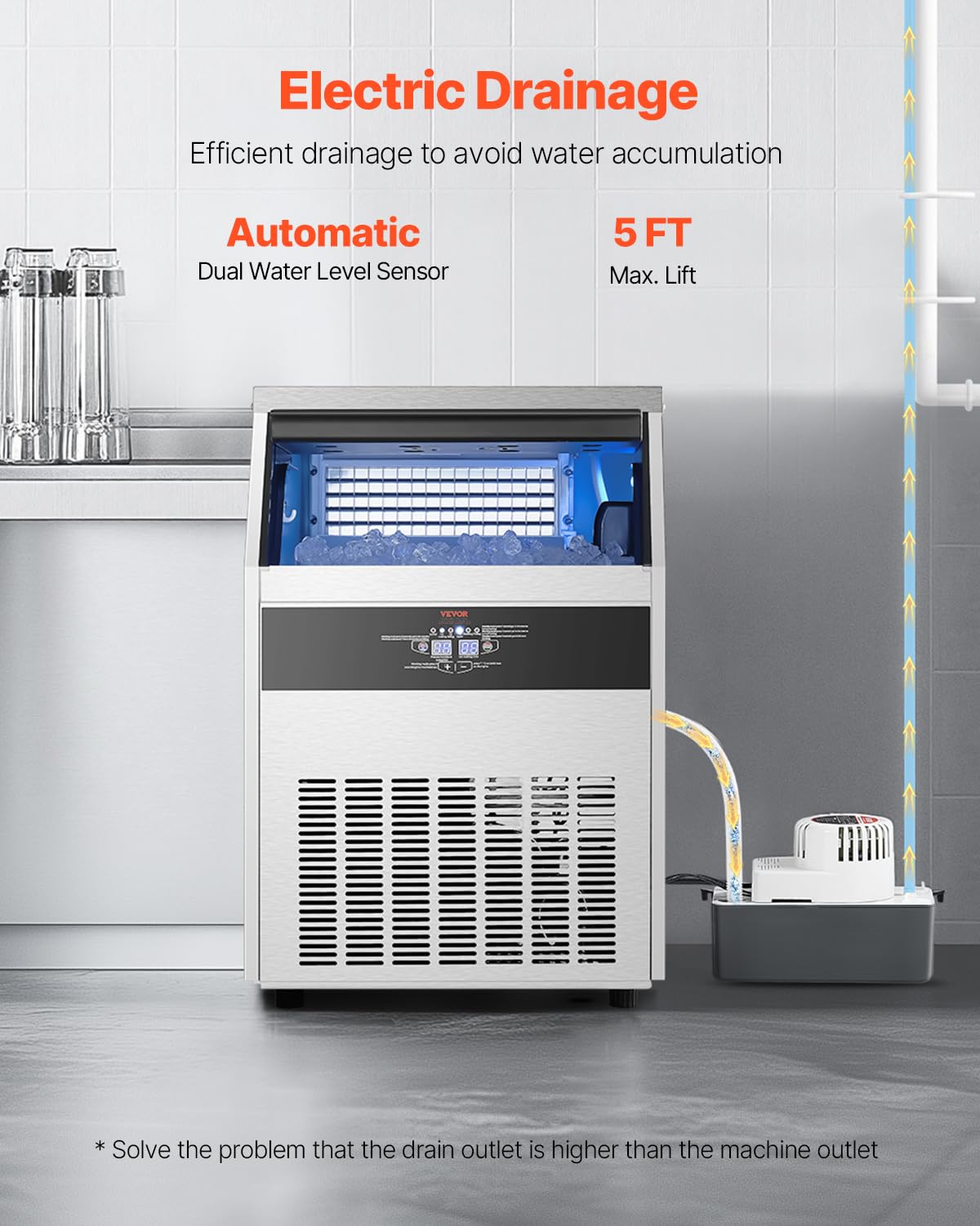VEVOR 160lbs/24H Commercial Ice Maker Machine with Drain Pump, 66lbs Storage Capacity Ice Maker, 80 Ice Cubes in 15 Minutes, LED Digital Display Freestanding Self-Cleaning for Bar Office Restaurant