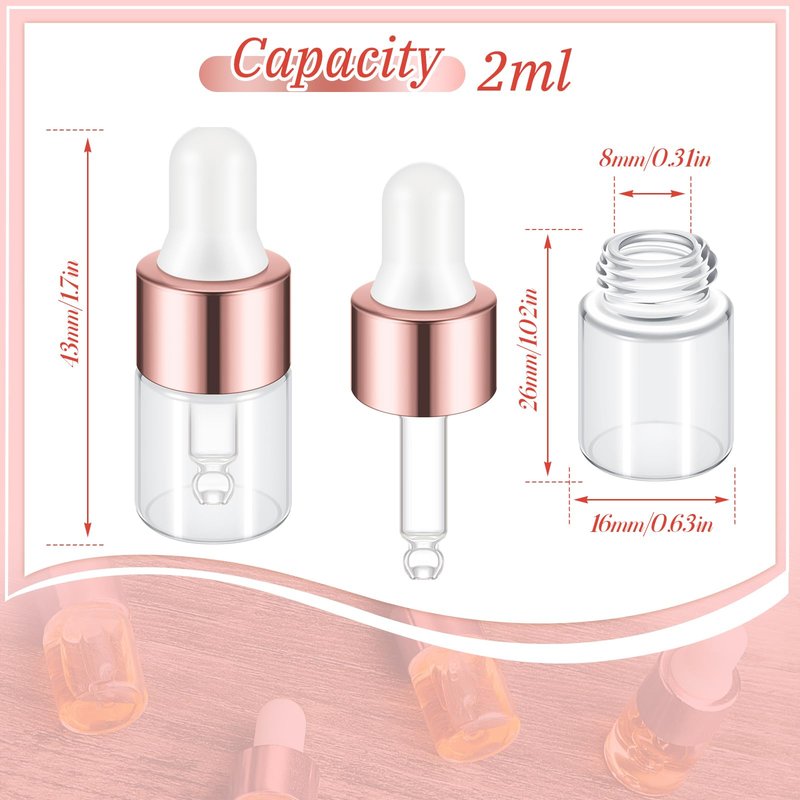 Didaey 100 Pcs 2 ml Mini Glass Oil Dropper Bottle Bulk, Clear Essential Small Empty Bottles Sample Containers Perfume Liquid Vials with Cap for Traveling(2 ml, Rose Gold)