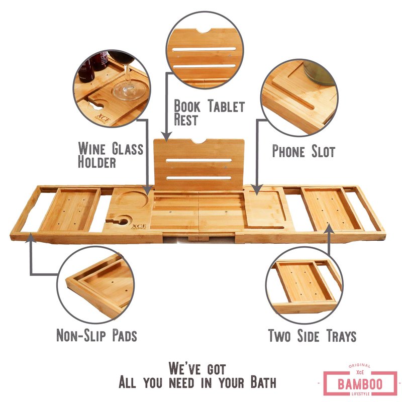 XcE Foldable Acacia Wood Bathtub Caddy Tray - Expandable to 40 Inches with Non-Slip Pads for Couples Luxury Bath