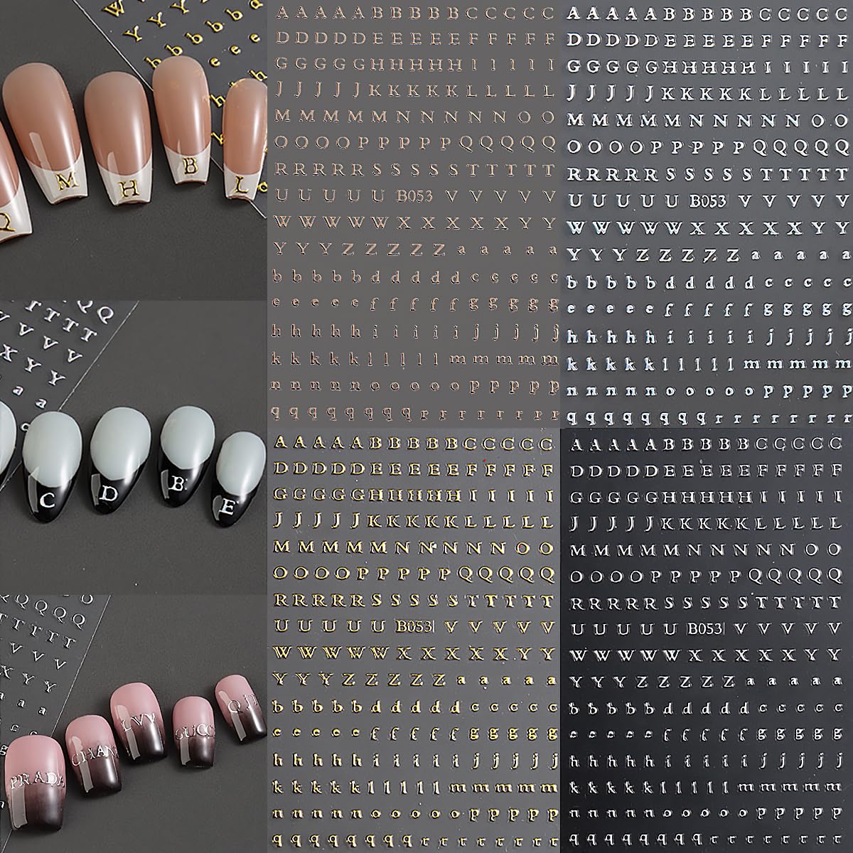 8 Sheets Letter Nail Design Stickers - 3D Self-Adhesive Nail Art Stickers in Black, White, Gold, Silver - English Letters Nail Decals for Women and Girls - DIY Nail Decor