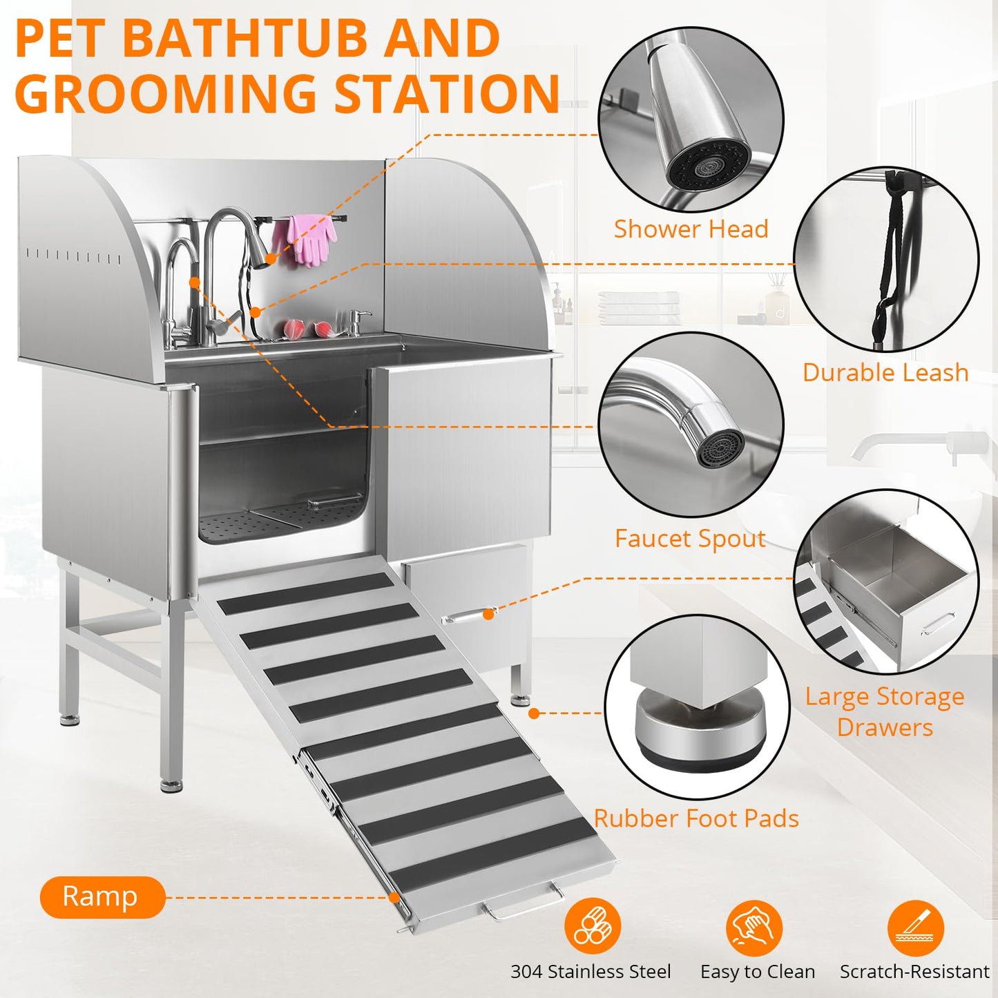 Dog Washing Station, 50 Inch Professional Stainless Steel Dog Bathing Station, Dog Grooming Tub for Large, Medium & Small Dogs, Dog Bathtub with Ramp, Drawer, Floor Grate & Fauct（Left Ramp, 50"）
