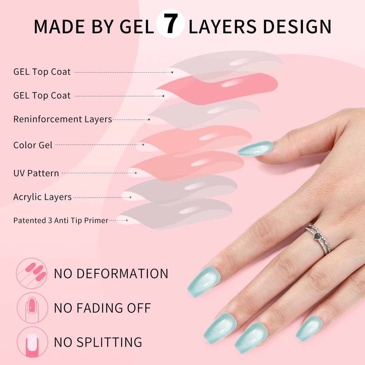 Blue Cat Eyes Press On Nails,12 Sizes - 24 Pcs Soft Gel Blue Medium Coffin Fake Nails Kit with Nail Glue, Natural Reusable Stick On False Nails for Women and Girls (Skycloud Catseye Blue) SK0718