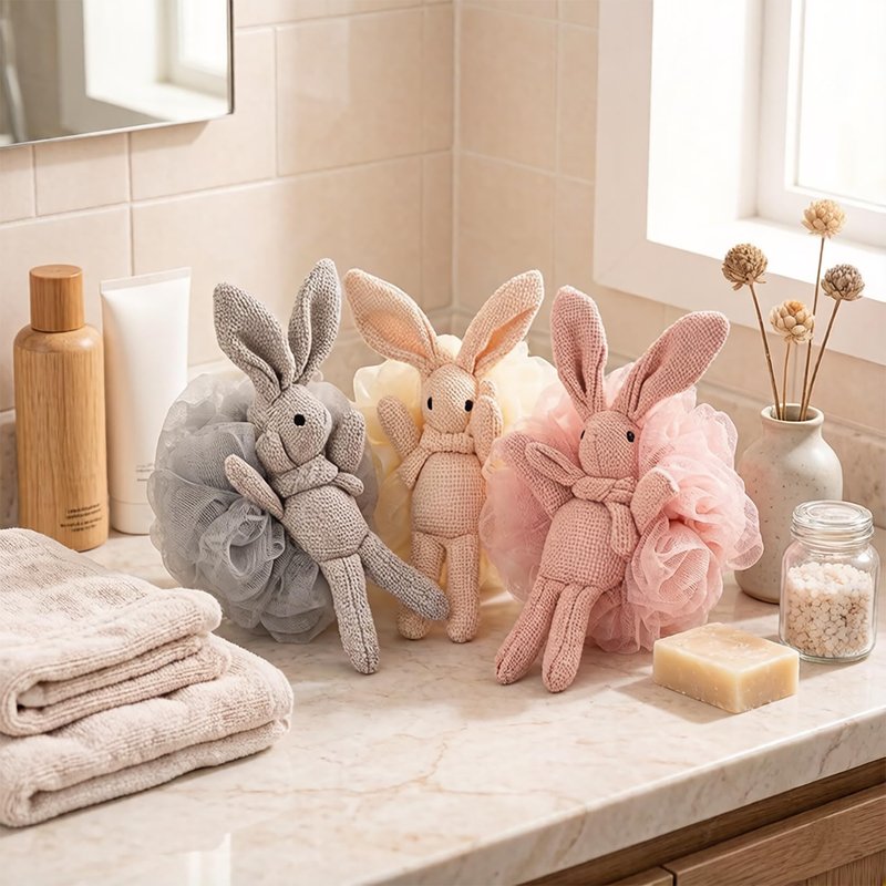 Kids Bath Loofah for Girls and Women,Soft Mesh Luffa with Cute Bunny Animal Character Exfoliating Body Scrubber Bath Sponge for Shower (2 Piece) - Pink & White