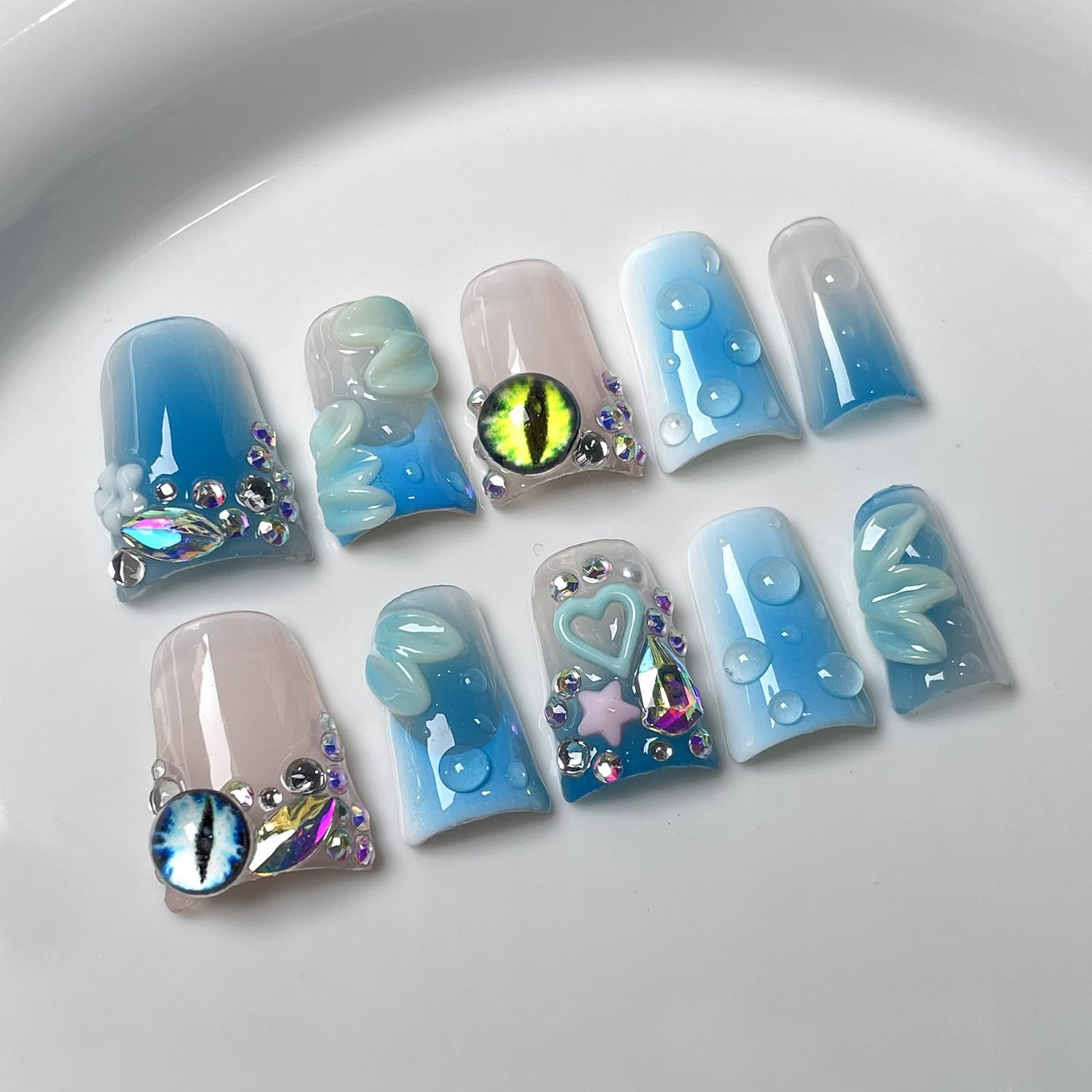 Handmade Press on Nails Short Duck 3D Floral Thick Acrylic Fake Nails French Tip False Nails with Rhinestones Flower Eyes Charms Designs Nail Blue Sturdy Art Press on Nail 10Pcs(S)