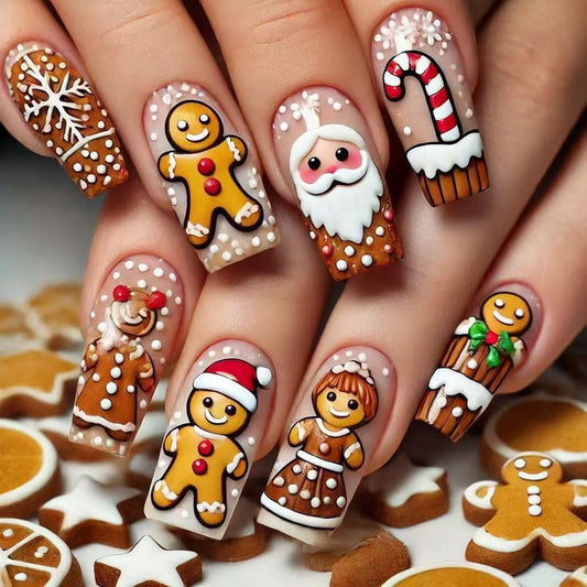 Christmas Press on Nail Long Square Fake Nails Gingerbread Man Santa Claus Snowflakes Polka Dot designs Acrylic Glossy Cute False Nails Brown Holiday Press ones Winter Xmas Manicure for Women 24pcs