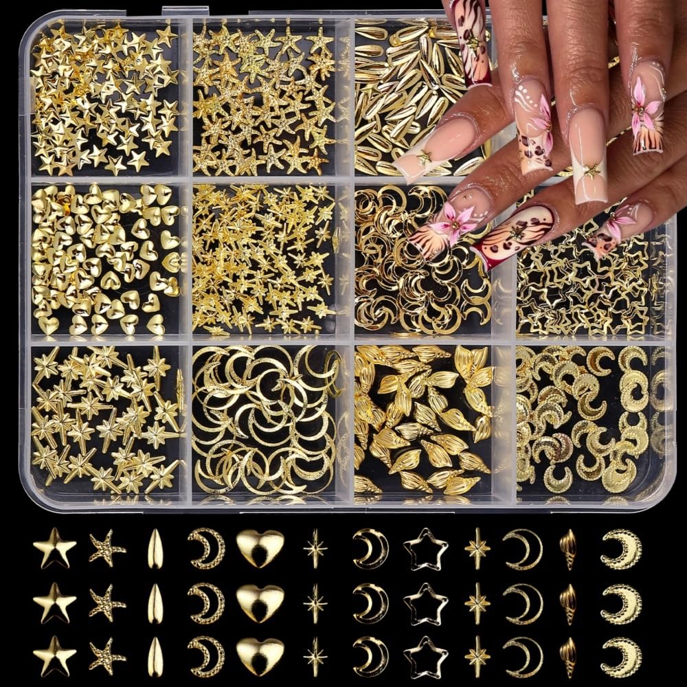 Gold Nail Charms 3D Alloy Star Moon Nail Gems Shiny Ocean Beach Seashell Nail Jewels Multi-Shapes Metal Golden Hearts Nail Art Supplies with Tweezer for Women DIY Acrylic Nail 12 Grids 1 Box
