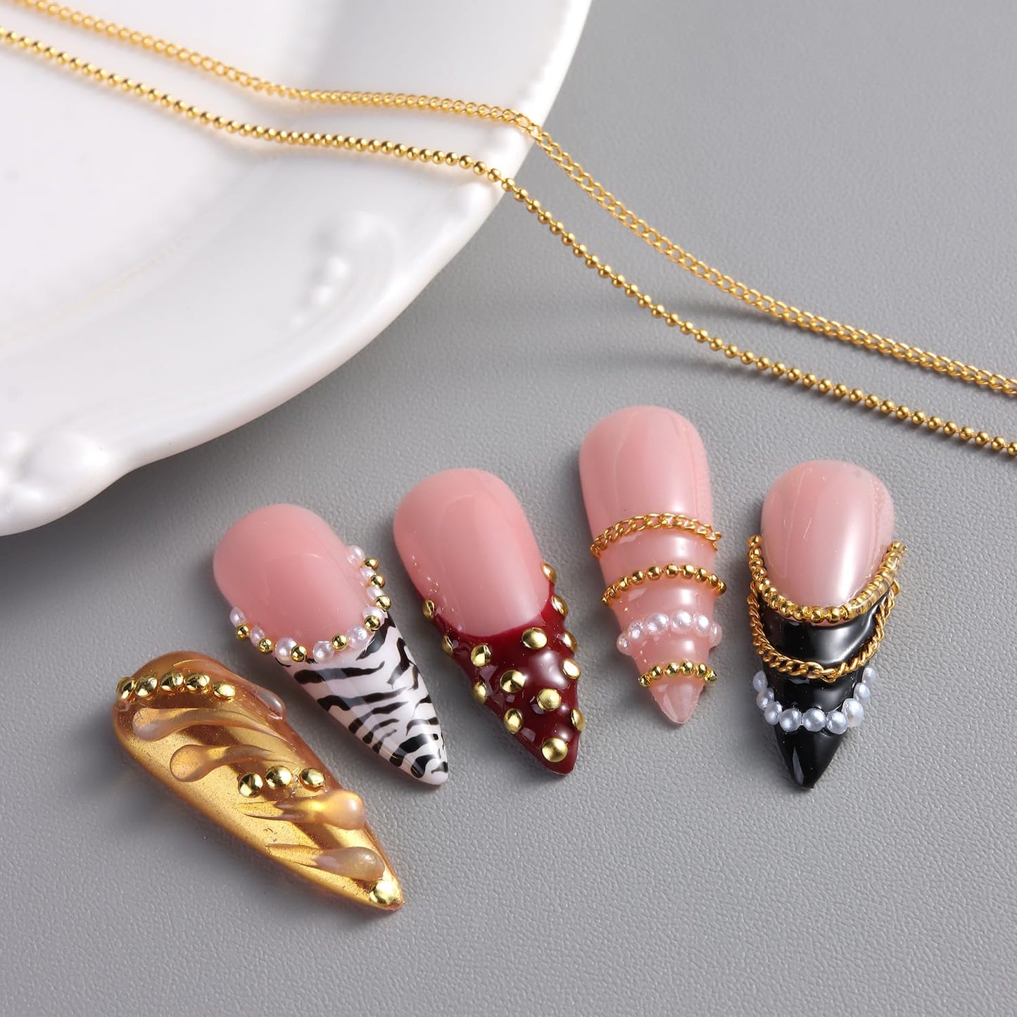 3D Metal Nail Art Chains and Mini Stainless Steel Beads Nail Charms, White Flatback Pearls Gold Caviar Beads Golden Chain Alloy Jewelry for Women Manicure Supplies DIY Crafts Decorations