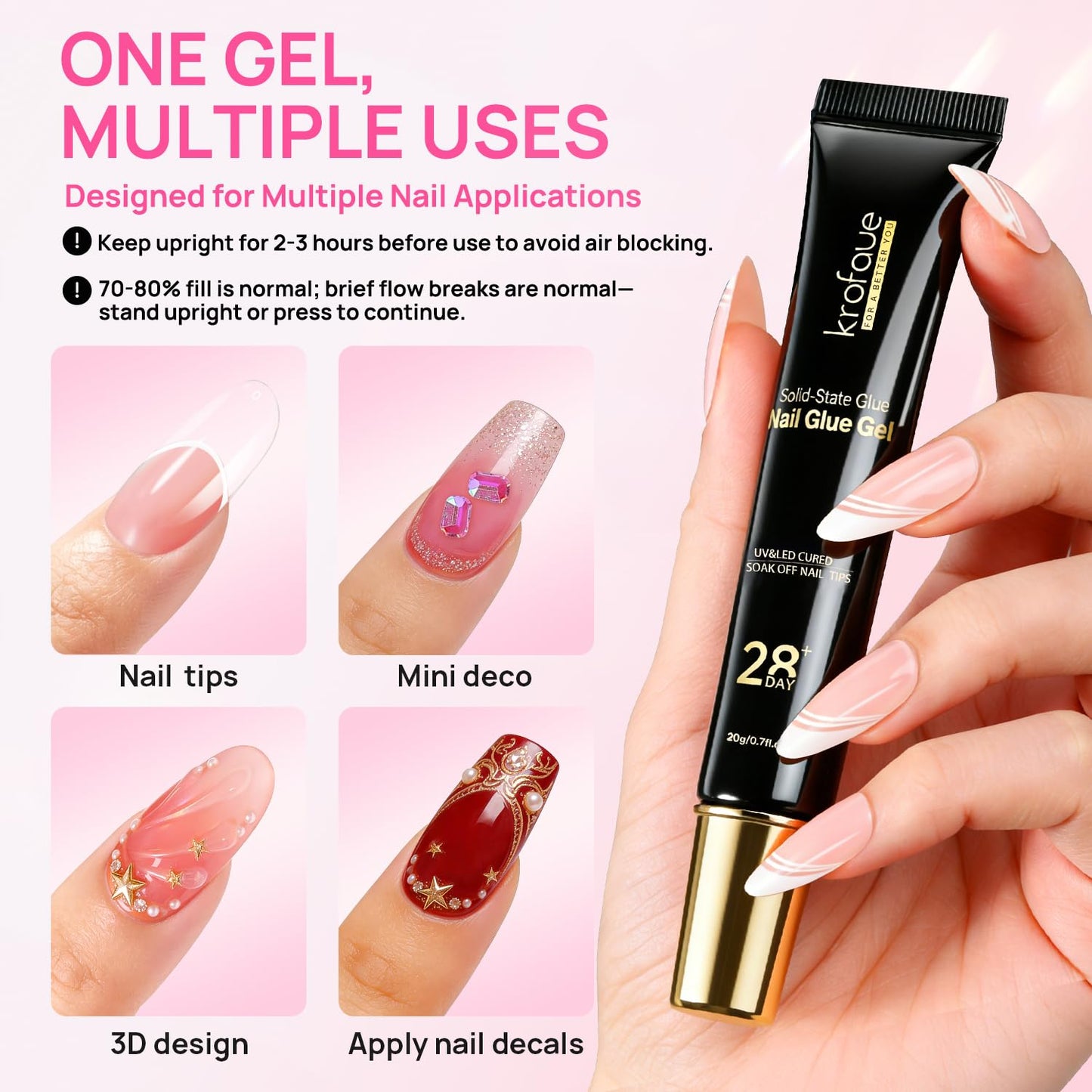 Krofaue 2-in-1 Kids Nail Art Kit, 80g UV Curing Solid Nail Glue Gel + 240PCS Extra Short Almond Soft Gel Nail Tips, 12 Sizes Clear Full Well Fake Nails Manicure Set for 9-12 Years Old Girls Home DIY &