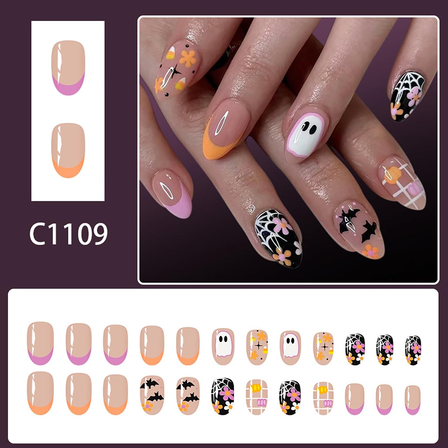 CJDLTS Halloween Press on Nails Short Almond Cute Ghost False Nail Acrylic Artificial Fingernails Flowers Bat Design Full Cover Glossy Festival French Stick on Nails for Women Supplies 24Pcs