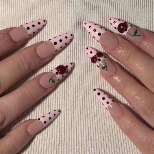 Long Almond Press on Nails for Women 3D Cherry Polka Dot Fake Nails Artificial Stick on Nail