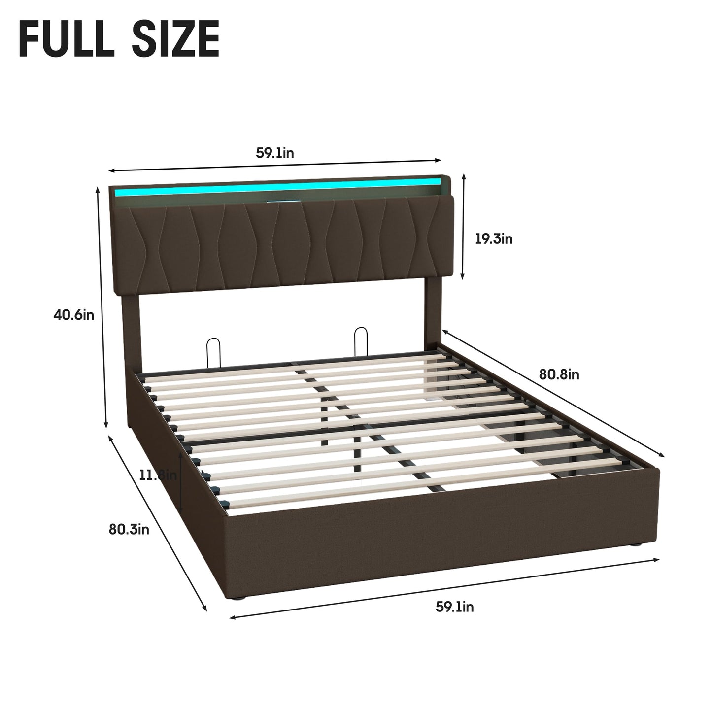 Fameill Full Size Lift Up Storage Bed Frame, Height Adjustable Storage Headboard with Charging Station, LED Lights Upholstered Platform Bed, Wooden Slat, No Box Spring Needed, Noise-Free, Dark Grey