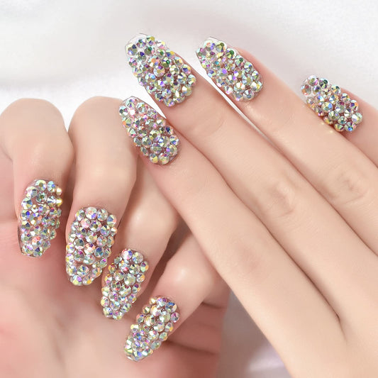 Sparkly Luxury Diamond Press on Nails - iBeautying False Nails - Finish Finger Wearable Nail 3D Rhinestones Jewelry Gems Full Cover Shine Reusable Coffin Fake Nails