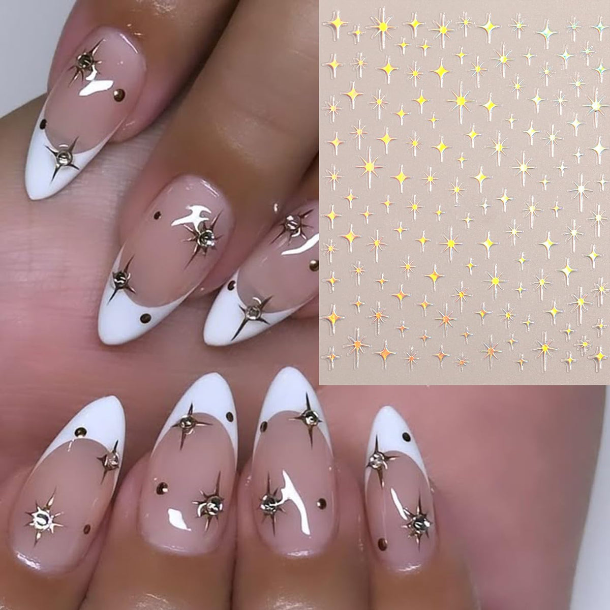 6Pcs Star Nail Sticker for Nail Art 3D Self-Adhesive Nail Decals French Cross Starlight Black White Gold Silver Design Pegatinas Uñas Slider Decal DIY Nail Tips Manicure Decor Supplies for Women