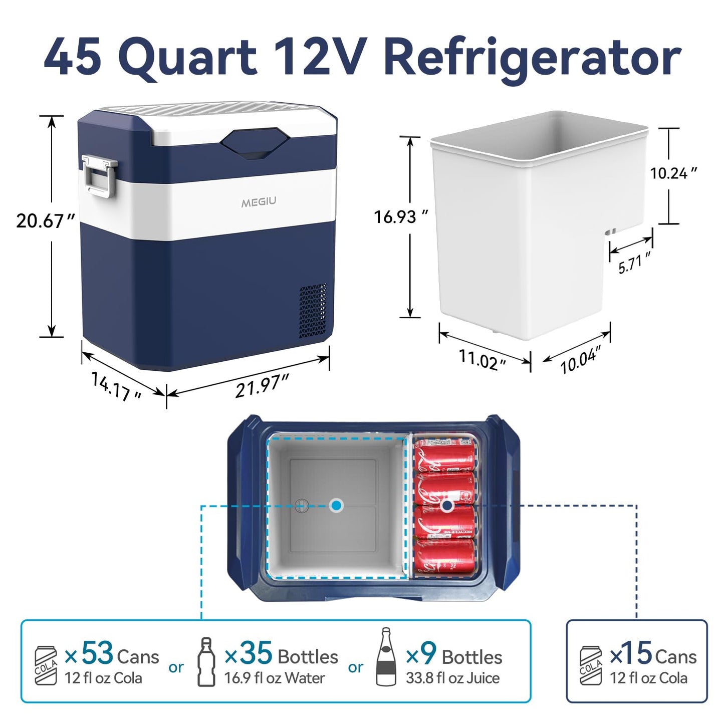 Megiu 12 Volt Refrigerator Car Fridge Portable 12V 45 Quart Freezer Compressor Cooler 12V/24V DC 110～240 V AC for Truck Van RV Camper SUV and Home Use