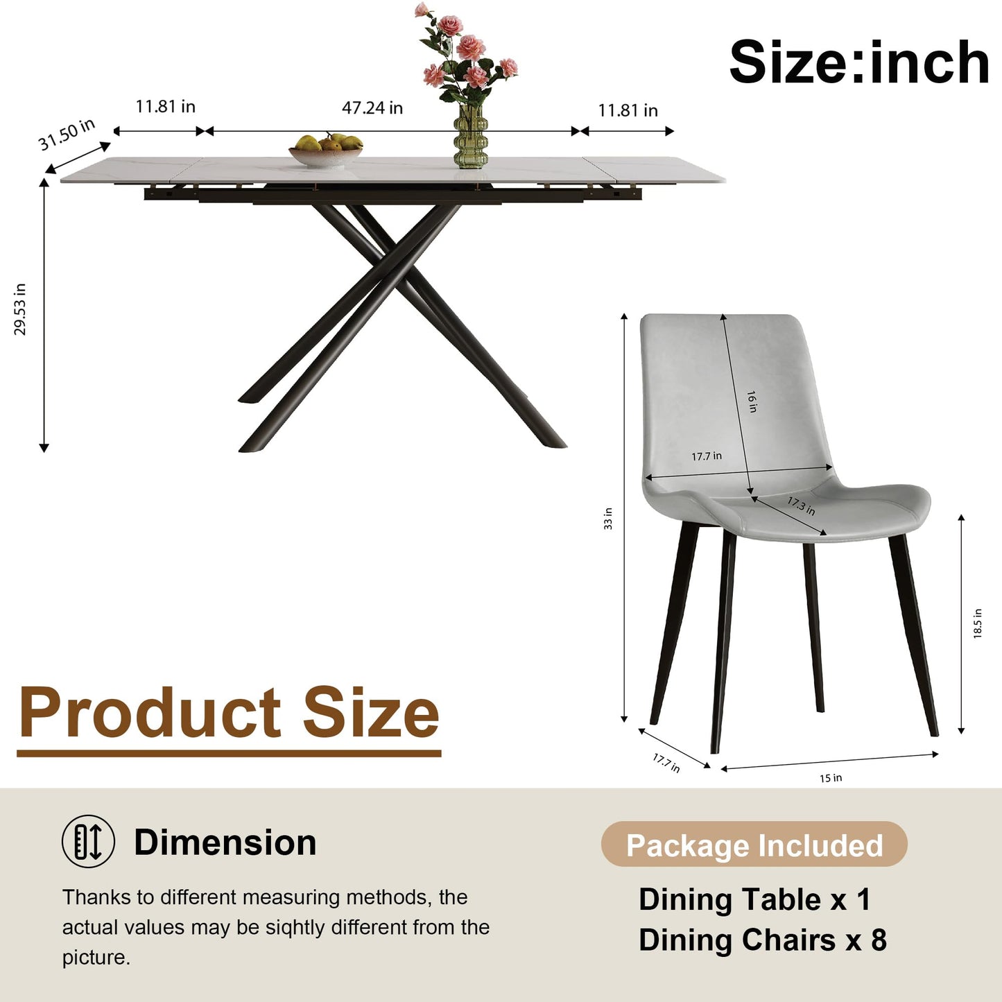 Runboll Extendable Rectangular Dining Table Set for 8, 47"-71" Modern Sintered Stone Kitchen Table with 8 Chairs and Carbon Steel Legs for Dining Room Family Gathering