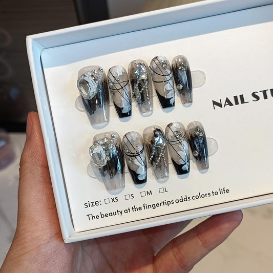 TENPAL 10PCS Gothic Coffin Press on Nails with Tools Kit,Black French Tips Fake Nails with Oriental Chain & Crystal Design | Dark Rebel Glue on Nails Medium | Icy Dark Elegant Chinese Style Nails(XS)