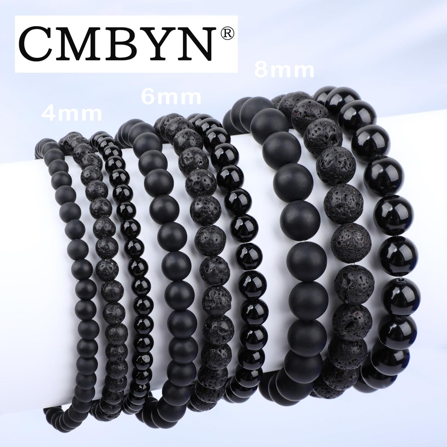 CMBYN 3-Pieces 4mm Natural Crystal Gemstone – ﻿Black Lava, Black Onyx, Matte Black Agate Handmade Reiki Energy Healing Stretch Bracelets Jewelry for Yoga, Meditation, Unisex