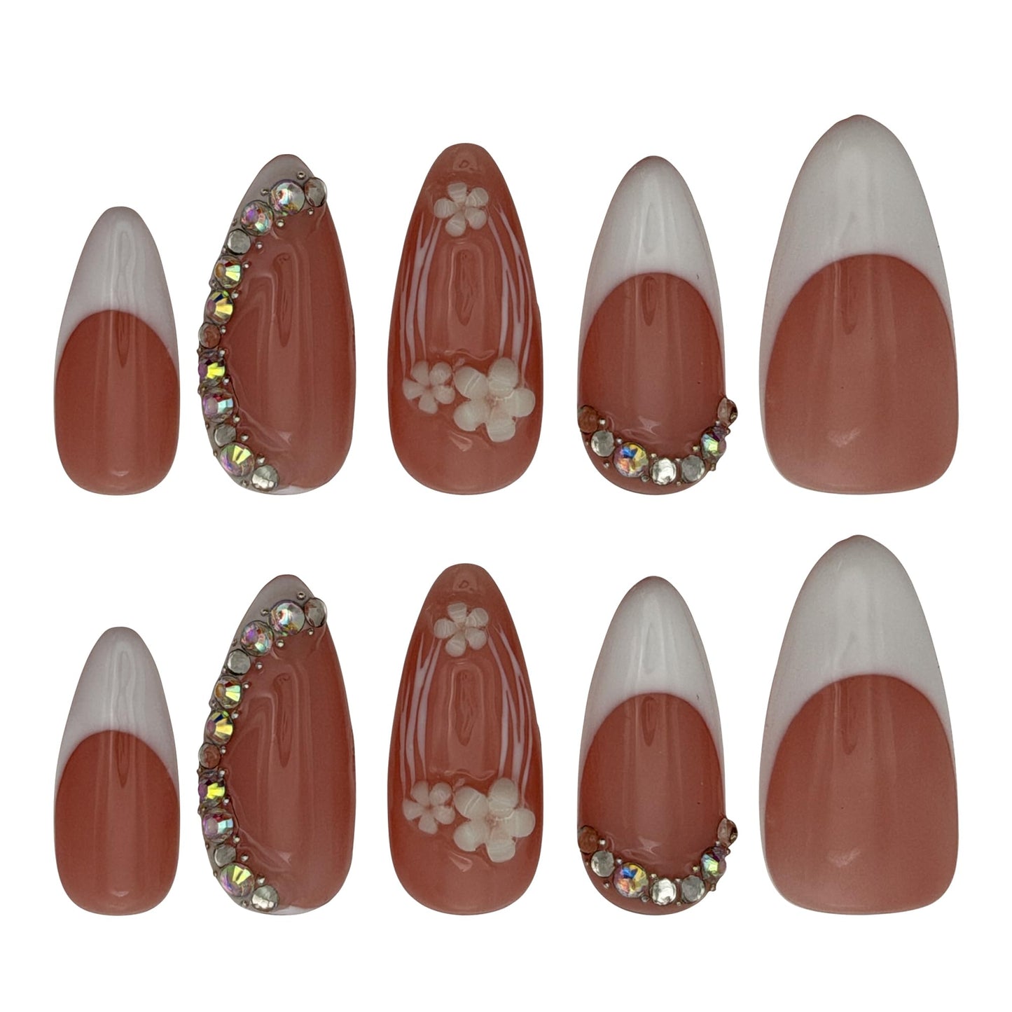 Press on Nails 10-Pack, 25mm Almond Shape Acrylic/UV Gel Fake Nails - Pink & White French Tip with Floral Rhinestone Design, Reusable Glossy Stick-on Nails for Women (Pink, S)