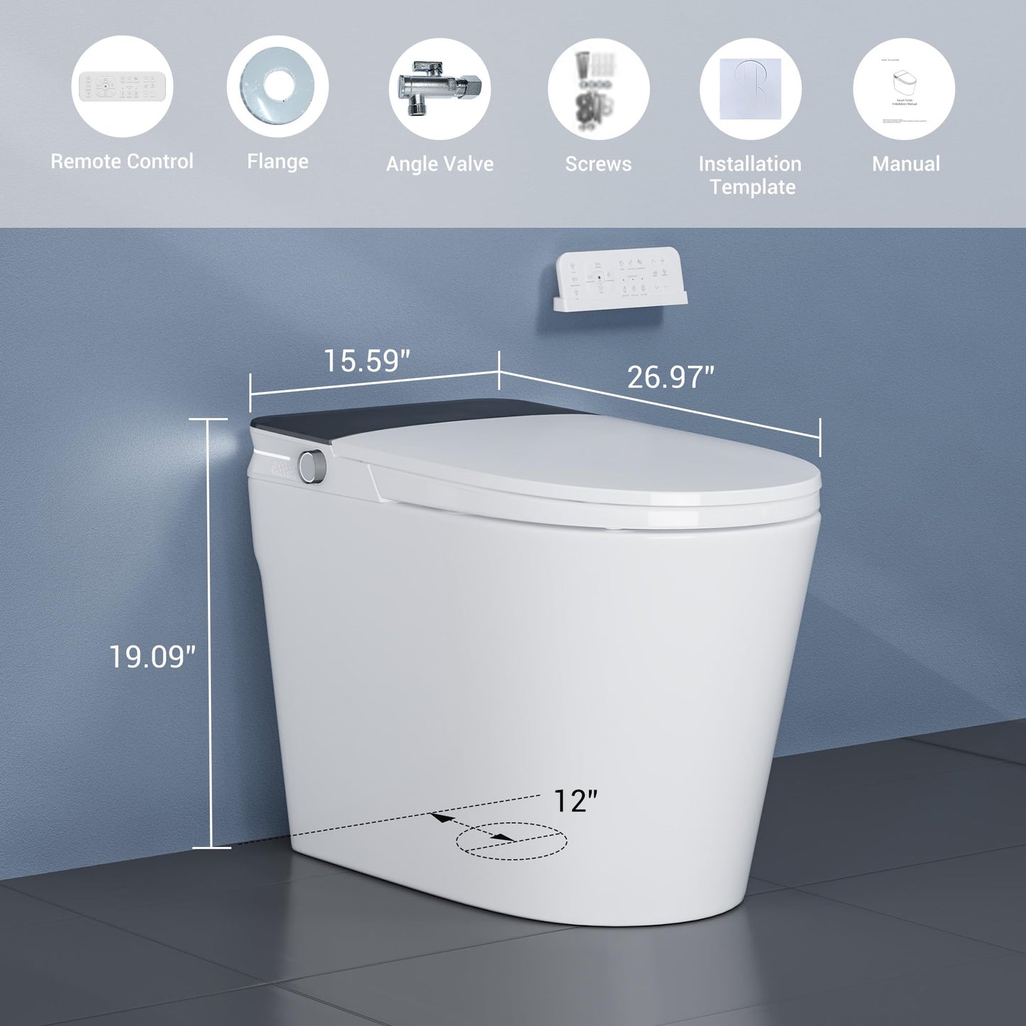 Smart Toilet with ADA Height, Bidet Built-In, Auto-Sensing Flip Lid, Off-Seat Auto Flush, Foot-Sensor, Instant Hot Water and Warm Air Drying, LED Display, Toilet with Light Strip