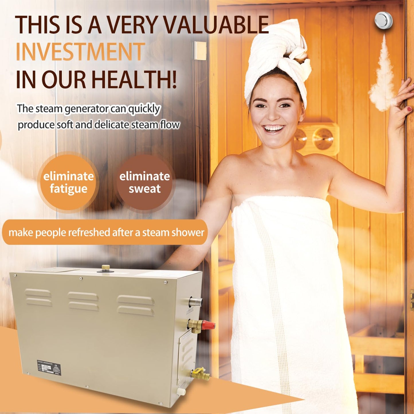 JJFFTAO,Steam shower generator,15kw Household-Commercial,Steam shower generator kit,with self-draining system,Temperature adjustable 95-131°F,Applicable space 420～560ft3