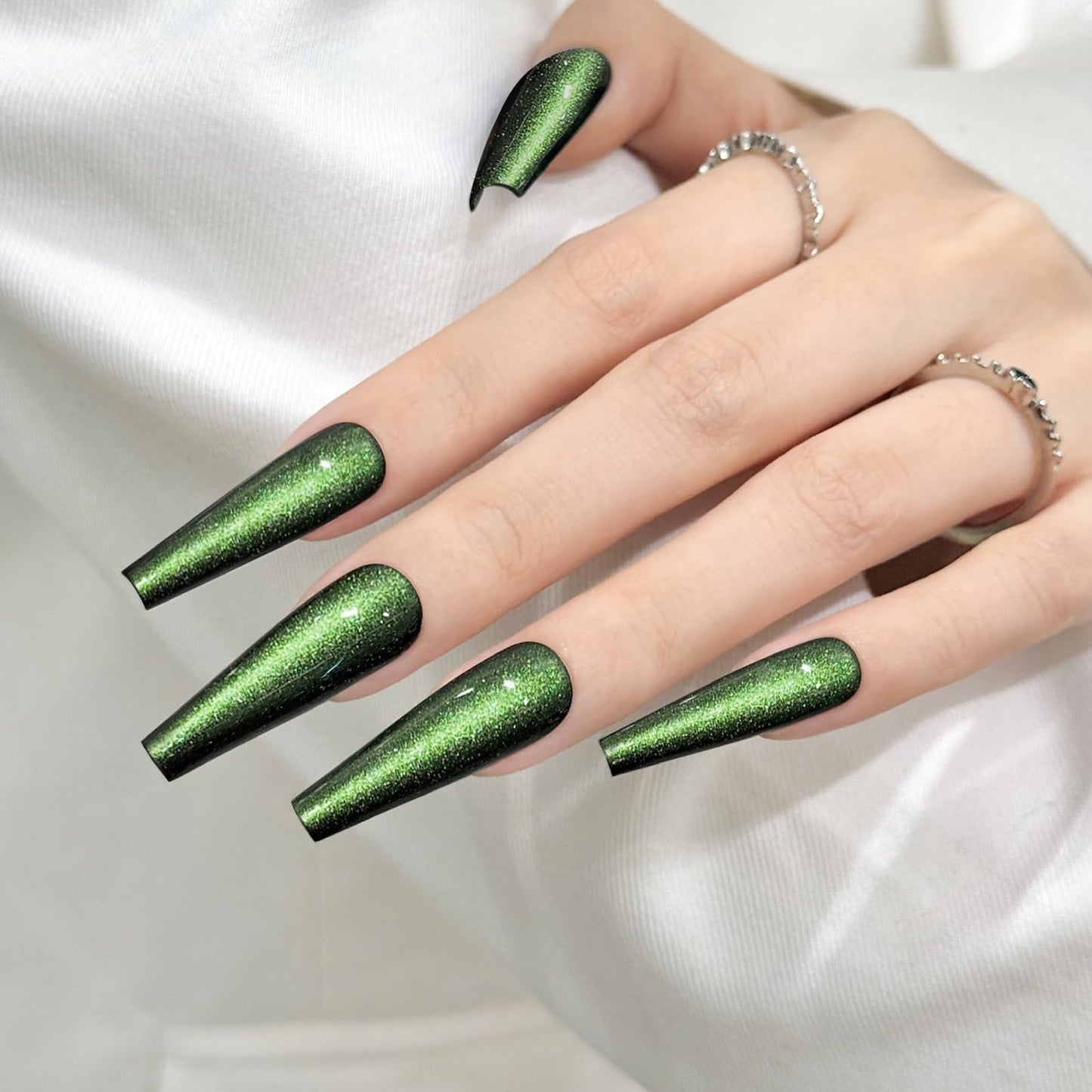 Green Cat Eyes Press On Nails,12 Sizes - 24 Pcs Soft Gel Green Long Coffin Fake Nails Kit with Nail Glue, Natural Reusable Stick On False Nails for Women and Girls SK1043