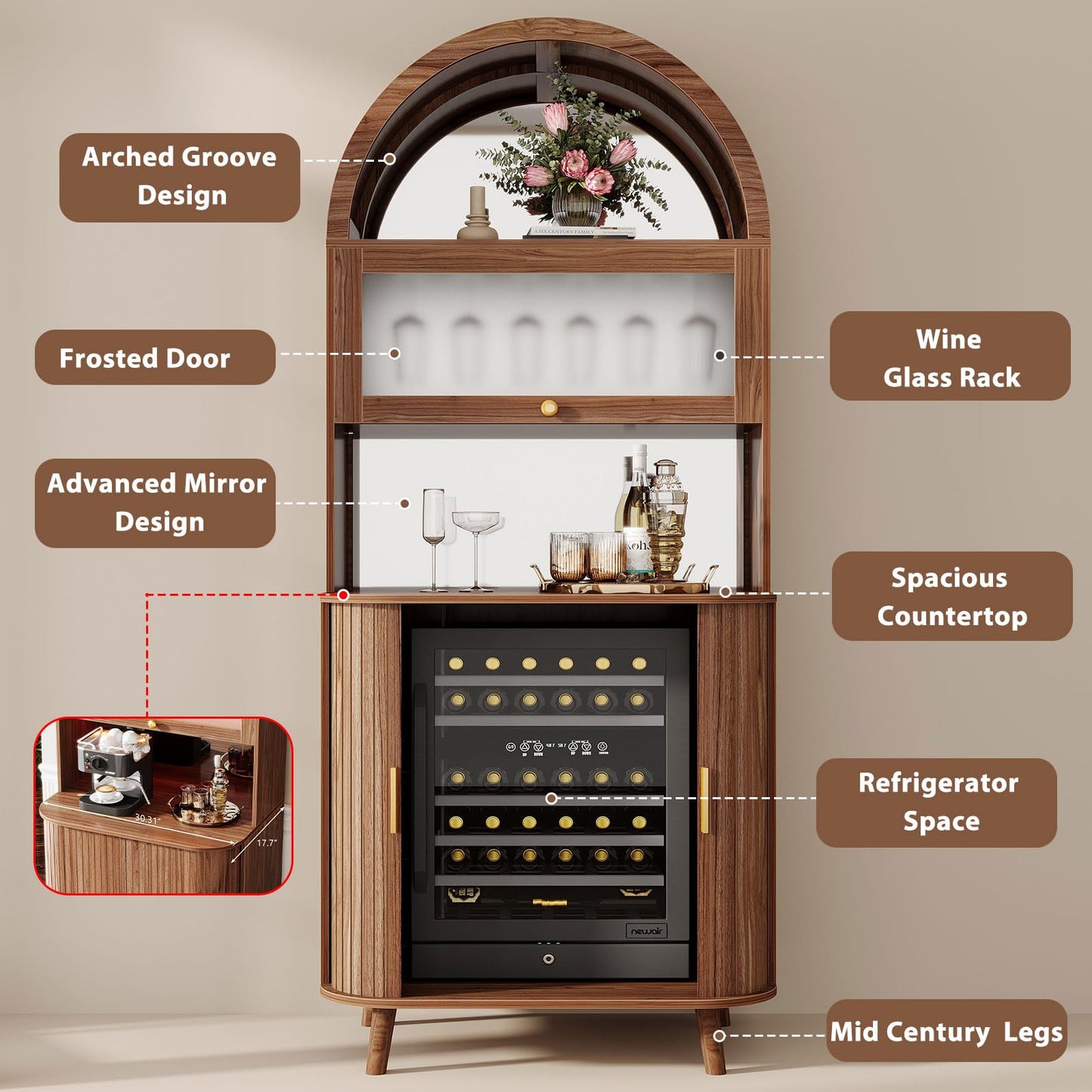 LVB 73" Tall Arched Bar Cabinet with Fridge Space, Mid-Century Fluted Coffee Bar Cabinet with Storage, Home Bar with LED Light, Wine Liquor Cabinet with Mirrored for Kitchen Dining Living Room, Walnut
