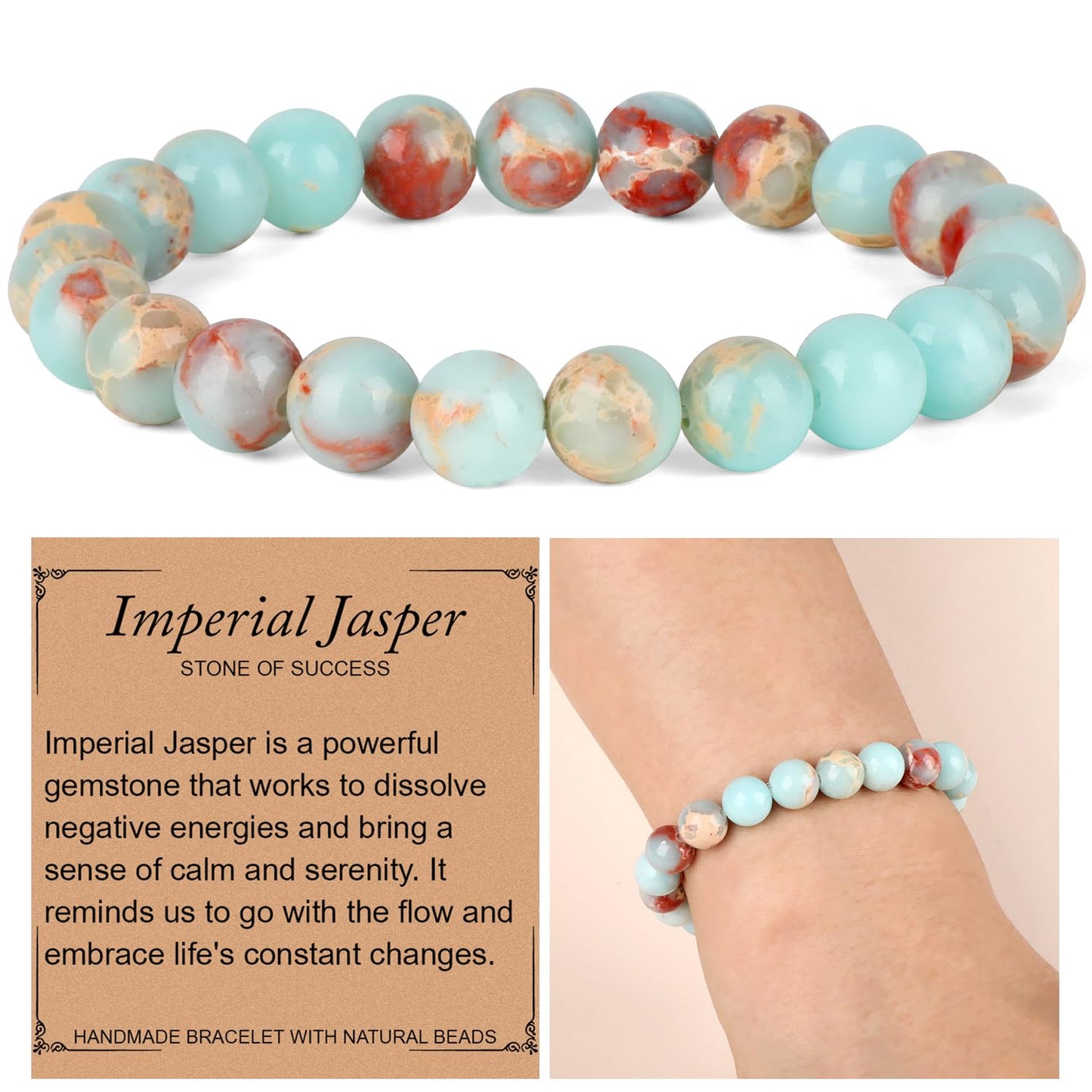QOGIR Imperial Jasper Bracelet - Stone of Success Bracelet for Men Women - Handmade Natural Gem Stone Beaded Stretch Elastic Healing Bracelets 8mm