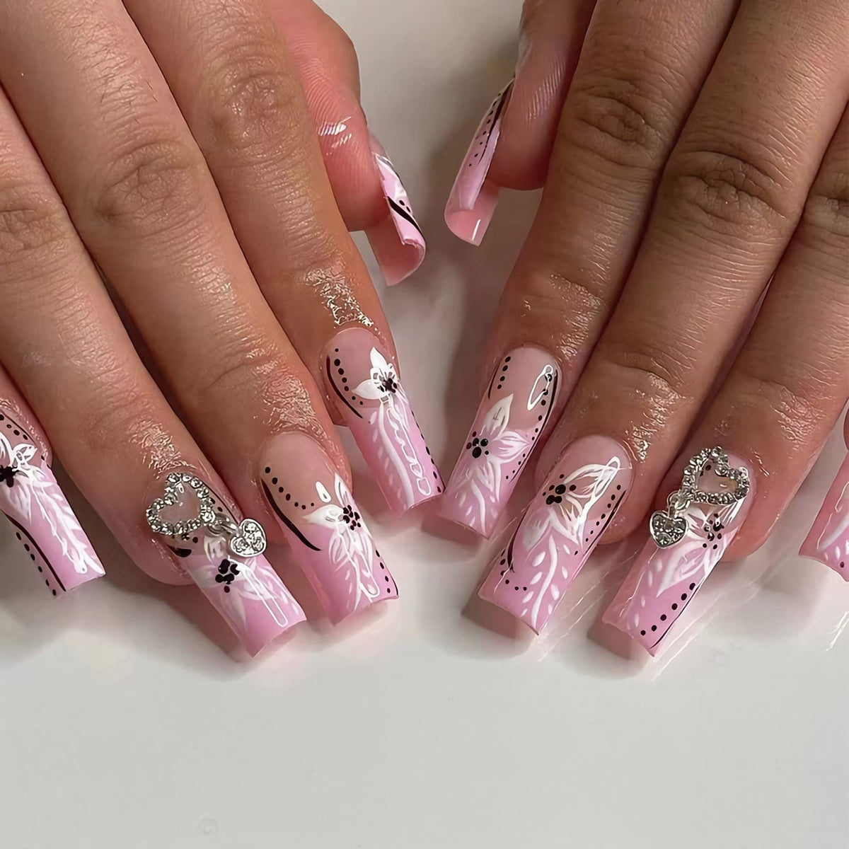 BABALAL Coffin Press on Nails Long French Fake Nails Pink Glossy Glue on Acrylic Nails with Flower Design 24Pcs
