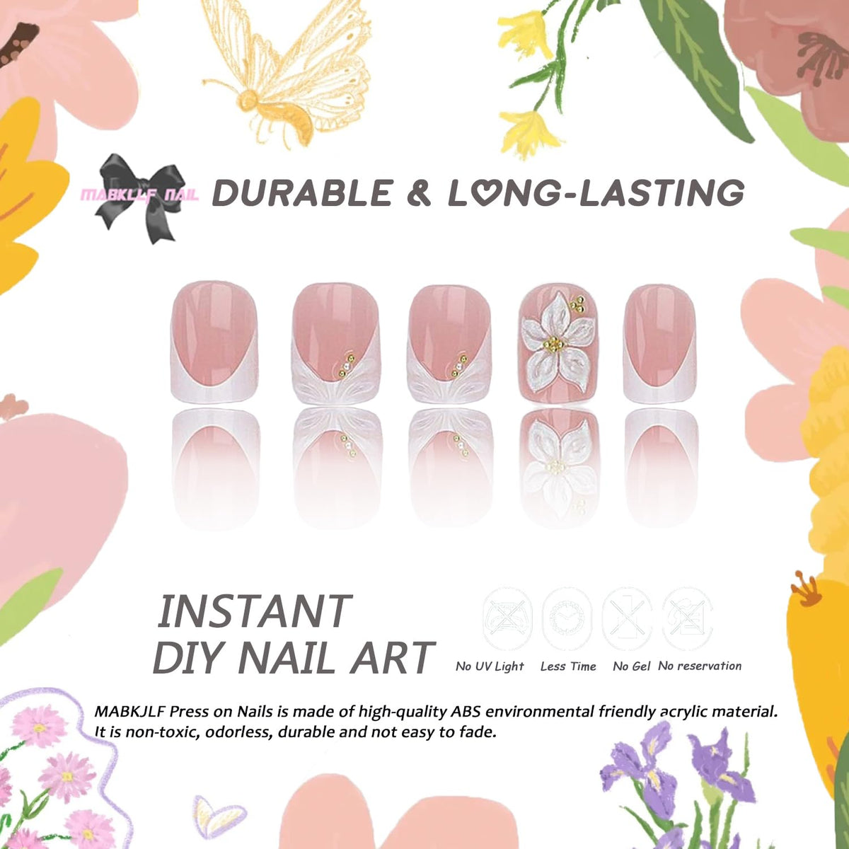 Square Press on Nails Short MABKJLF French Tip Fake Nails 3D Handmade False Nails with Flower Gold Bead Designs White Glossy Glue on Nail Acrylic Nails for Women Girls 24Pcs