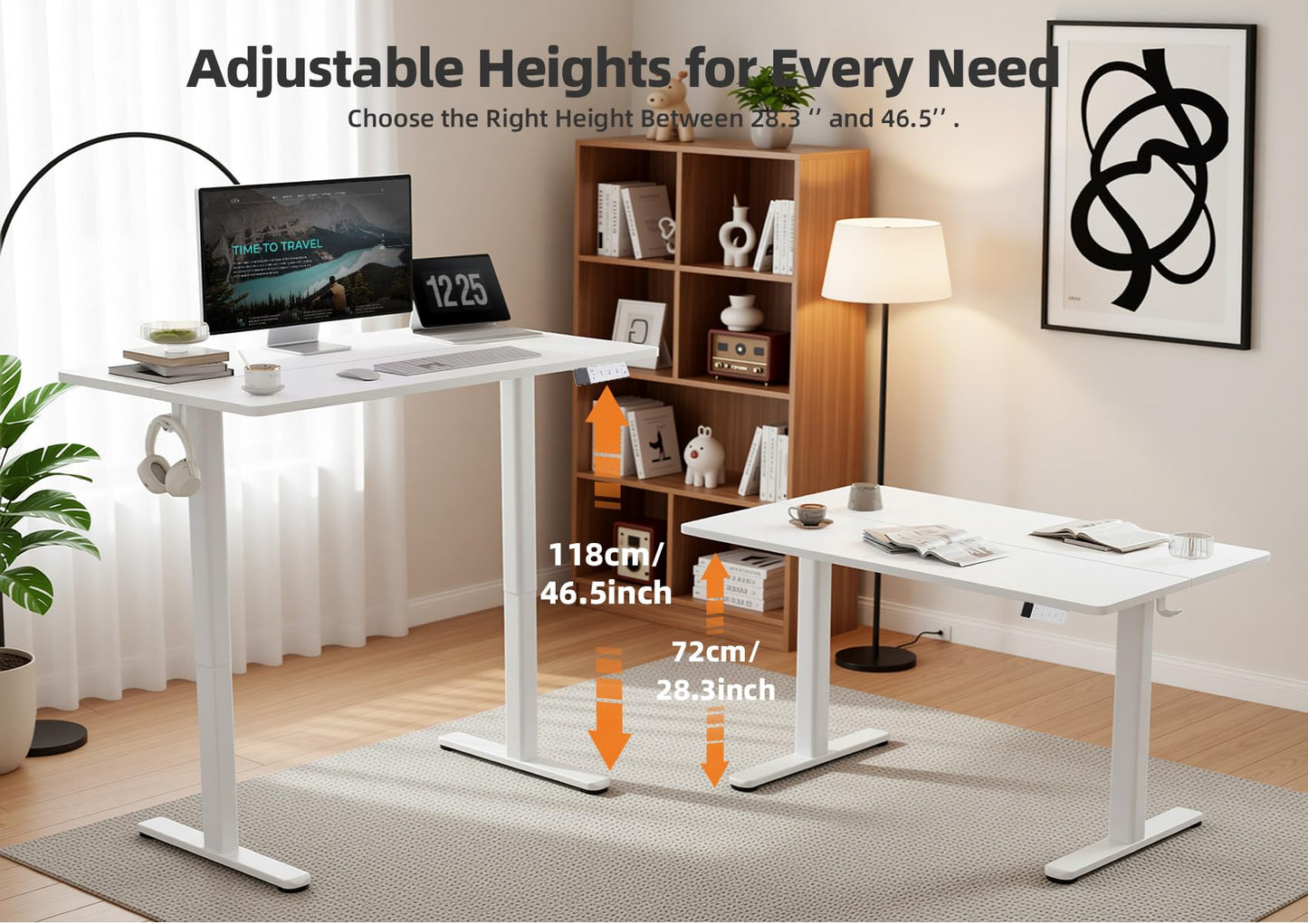 Seang Electric Height Adjustable Standing Desk, 55 x 24 Inch Sit-Stand Desk with T-Shaped Frame, 3 Memory Presets & Cable Management for Home Office Computer Workstation, White Frame/White Top