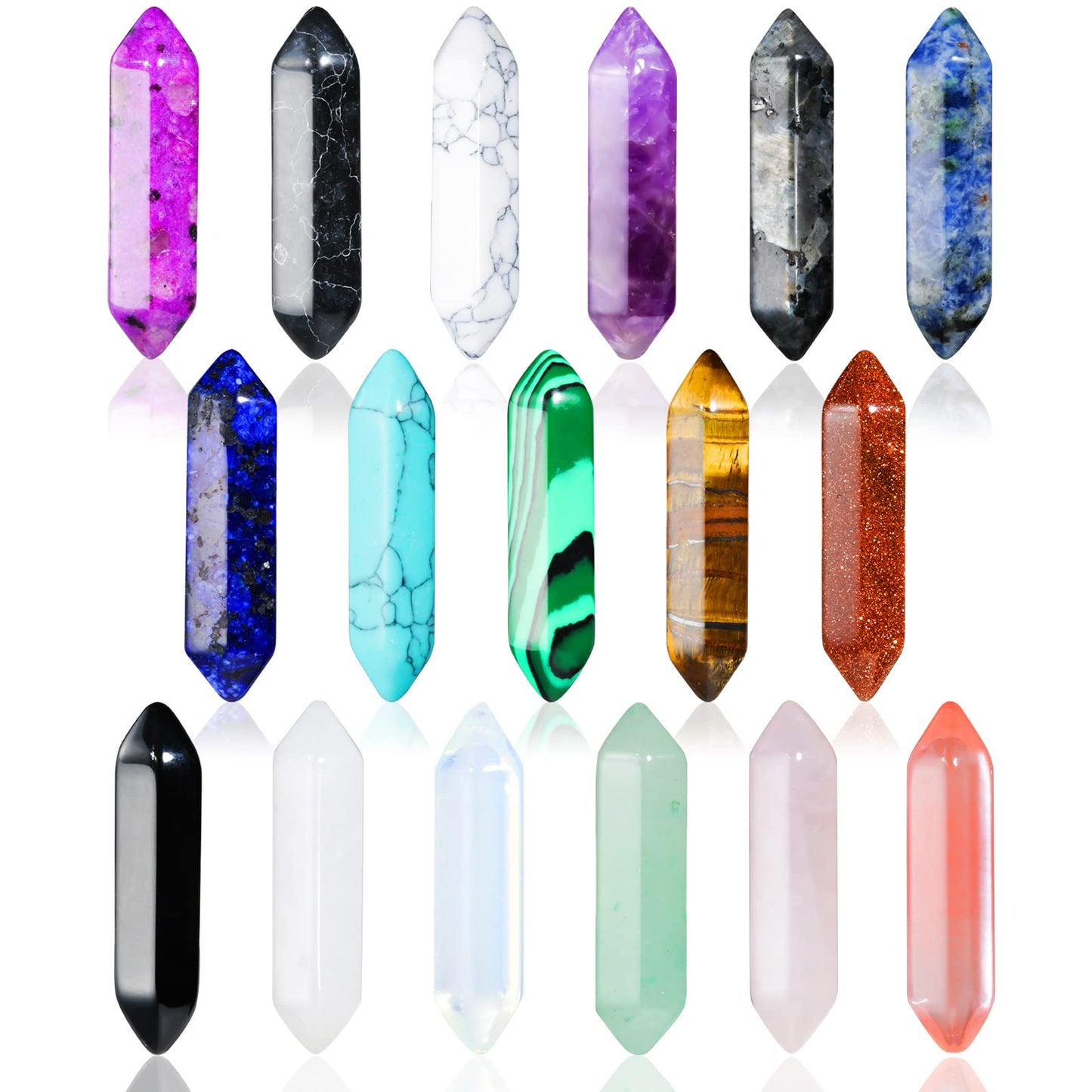 17Pcs Healing Crystals Stones Sets, Hexagonal Bullet Shaped Reiki Meditation Gemstone Chakra Stones Tiger Eye Obsidian Quartz Crystals Gemstone Wand Set Pendants with Storage Box